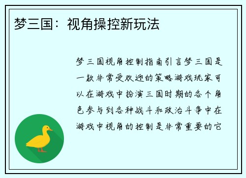 梦三国：视角操控新玩法